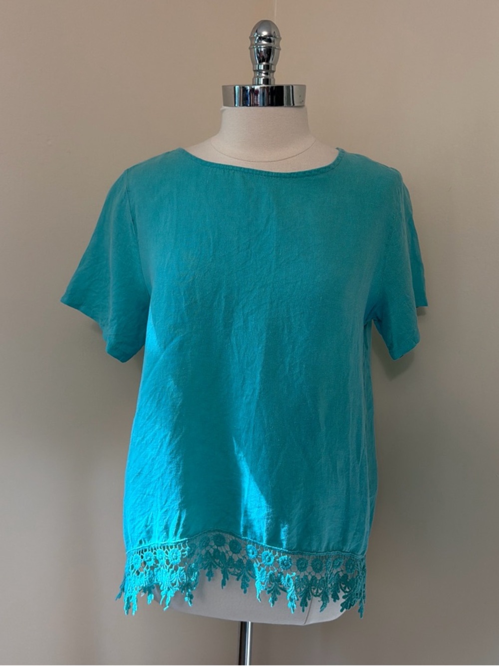 Terzo Millenio Aqua Blue Green Italian Linen Lace Edged Top L